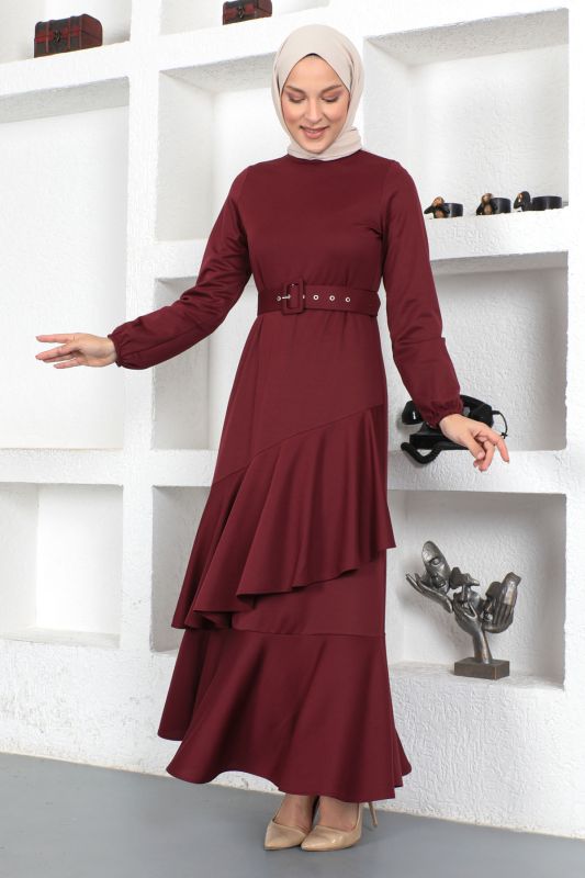 Fırfırlı Elbise TSD230401 Mürdüm - 2