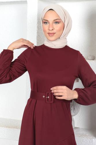 Fırfırlı Elbise TSD230401 Mürdüm - 3
