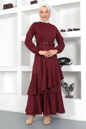 Fırfırlı Elbise TSD230401 Mürdüm - 4