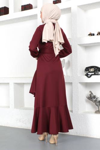 Fırfırlı Elbise TSD230401 Mürdüm - 5