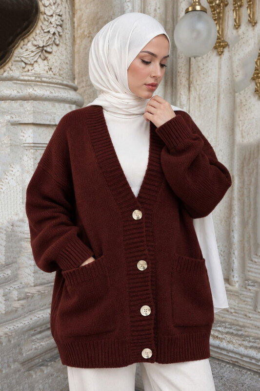 Fitil Detaylı Triko Hırka TSD260285 Bordo - Tesettür Dünyası