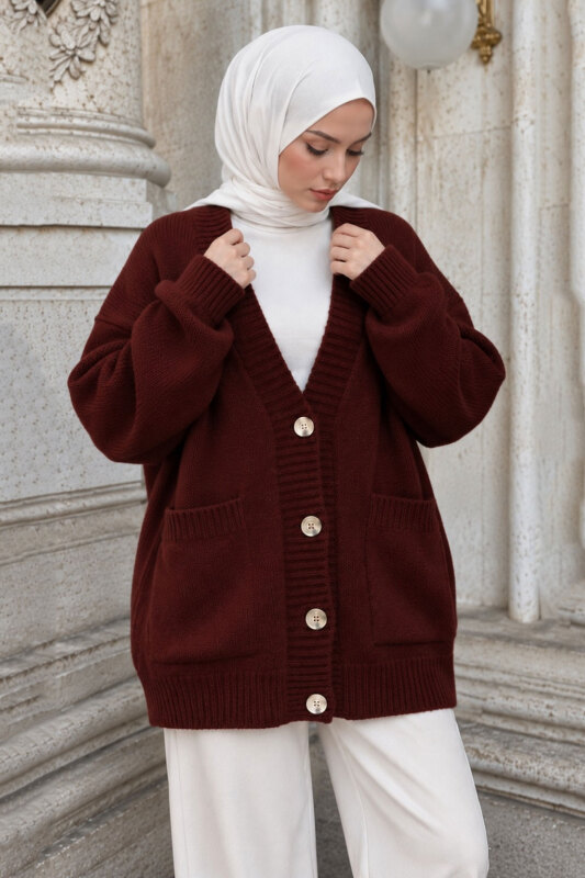 Fitil Detaylı Triko Hırka TSD260285 Bordo - 5