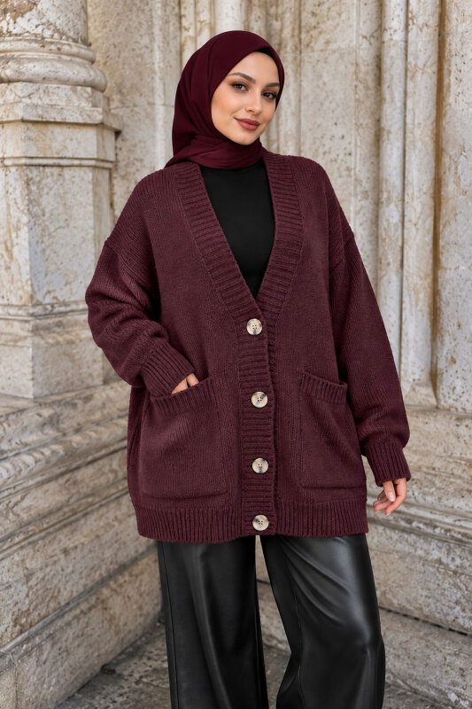 Fitil Detaylı Triko Hırka TSD260285 Mürdüm - 3