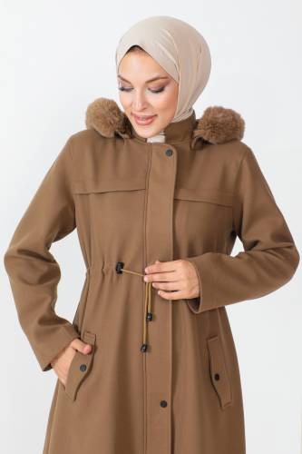 Gizli Fermuarlı Kaşe Kaban TSD230805 Camel - Tesettür Dünyası (1)