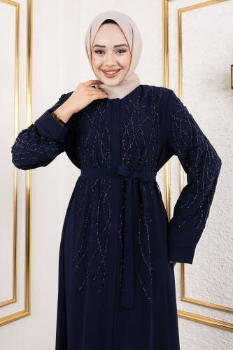 Gizli Fermuarlı Taş Detaylı Abaya TSD250112 Lacivert - Tesettür Dünyası (1)