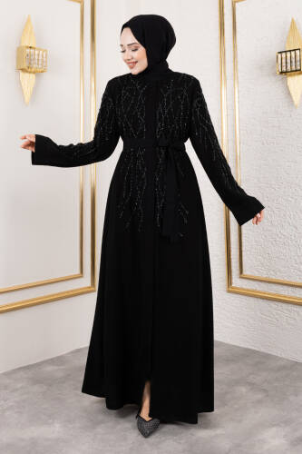 Gizli Fermuarlı Taş Detaylı Abaya TSD250112 Siyah - Tesettür Dünyası