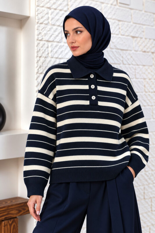 Gömlek Yaka Çizgili Triko Kazak TSD260383 Lacivert - Tesettür Dünyası
