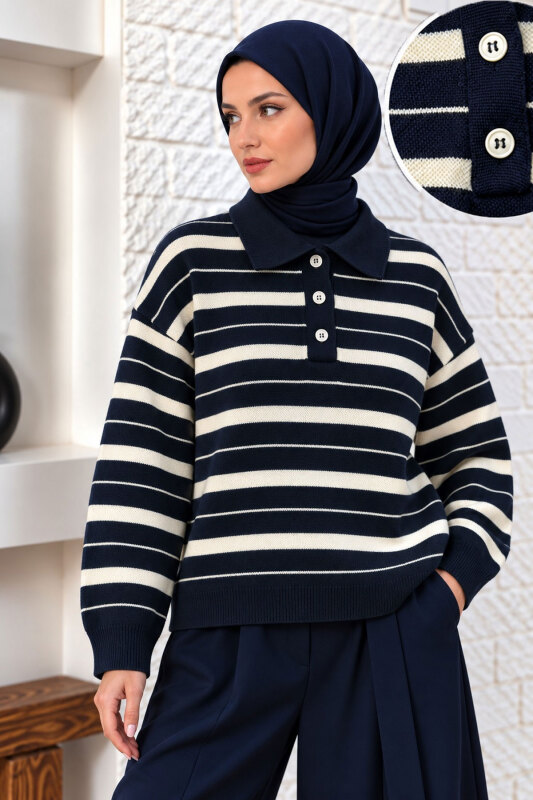 Gömlek Yaka Çizgili Triko Kazak TSD260383 Lacivert - Tesettür Dünyası (1)
