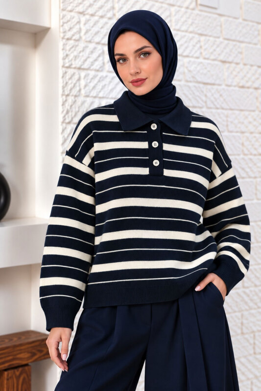 Gömlek Yaka Çizgili Triko Kazak TSD260383 Lacivert - 3
