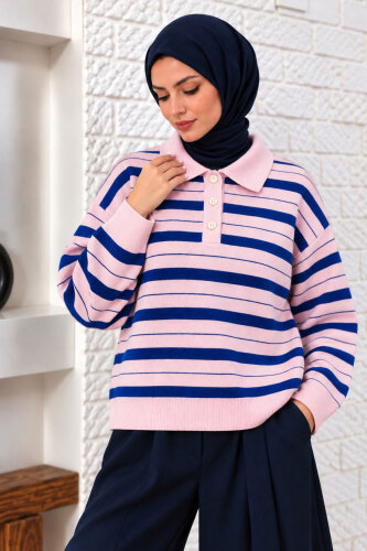 Gömlek Yaka Çizgili Triko Kazak TSD260383 Pembe 