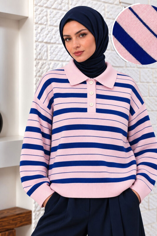 Gömlek Yaka Çizgili Triko Kazak TSD260383 Pembe - Tesettür Dünyası (1)