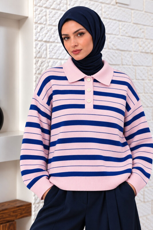 Gömlek Yaka Çizgili Triko Kazak TSD260383 Pembe - 3