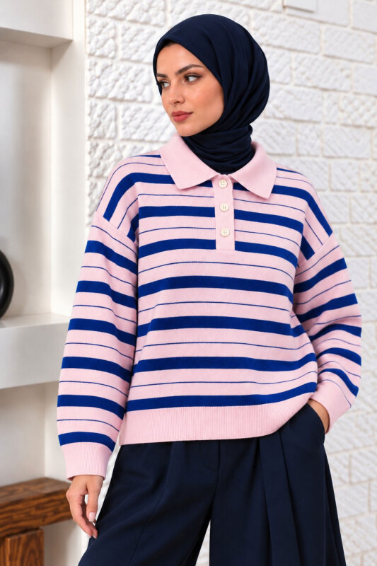 Gömlek Yaka Çizgili Triko Kazak TSD260383 Pembe - 4