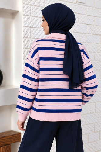 Gömlek Yaka Çizgili Triko Kazak TSD260383 Pembe - 5
