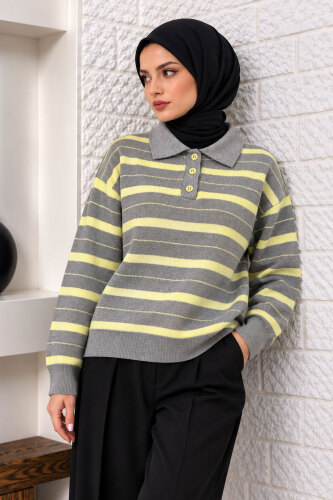 Gömlek Yaka Çizgili Triko Kazak TSD260383 Sarı 