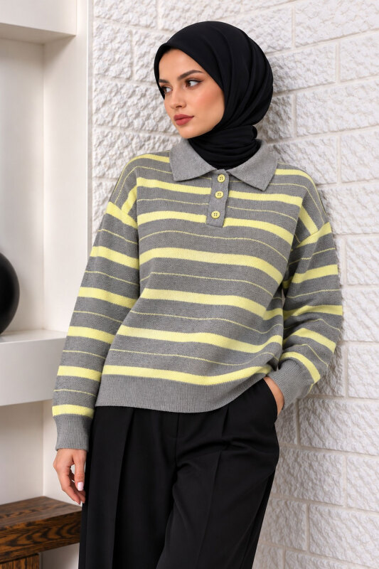 Gömlek Yaka Çizgili Triko Kazak TSD260383 Sarı - Tesettür Dünyası