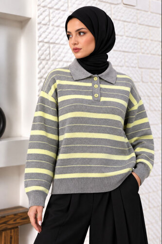 Gömlek Yaka Çizgili Triko Kazak TSD260383 Sarı - 3