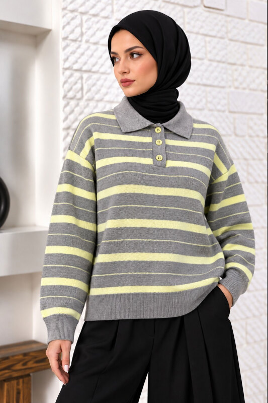 Gömlek Yaka Çizgili Triko Kazak TSD260383 Sarı - 3