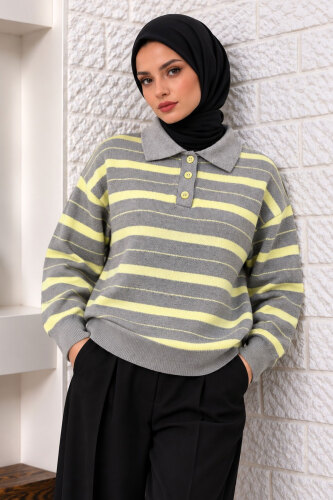 Gömlek Yaka Çizgili Triko Kazak TSD260383 Sarı - 4