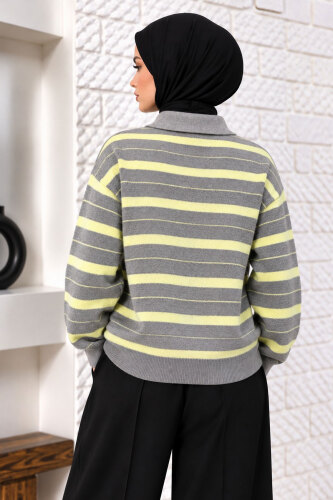Gömlek Yaka Çizgili Triko Kazak TSD260383 Sarı - 5