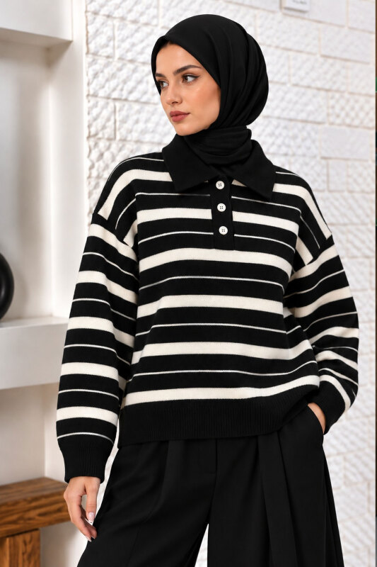 Gömlek Yaka Çizgili Triko Kazak TSD260383 Siyah - 3