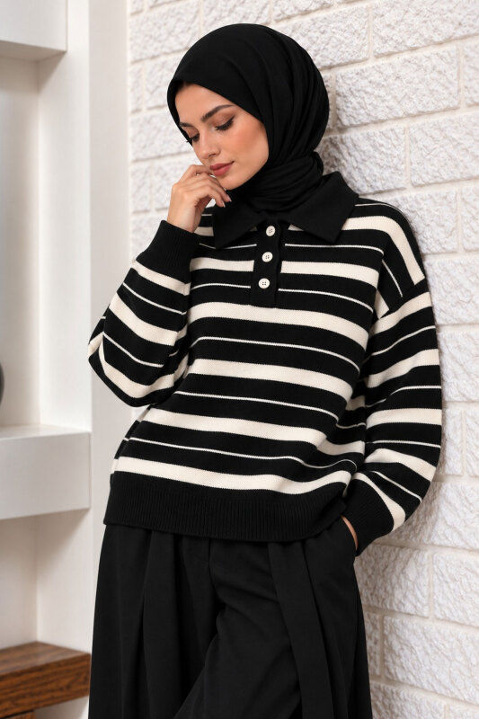 Gömlek Yaka Çizgili Triko Kazak TSD260383 Siyah - 4