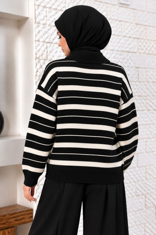 Gömlek Yaka Çizgili Triko Kazak TSD260383 Siyah - 5
