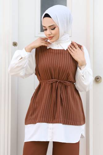 Gömlek Yaka İkili Krep Takım TSD240403 - Kahverengi - Tesettür Dünyası (1)