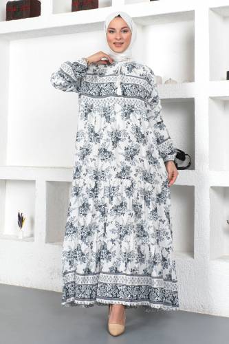 Gül Desenli Elbise TSD230409 Gri 