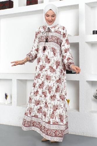 Gül Desenli Elbise TSD230409 Kahverengi - 3