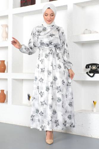 Gül Desenli Elbise TSD230425 Gri 