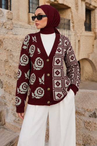 Gül Desenli Triko Hırka TSD260384 Bordo 