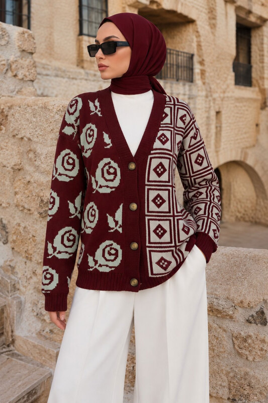 Gül Desenli Triko Hırka TSD260384 Bordo - Tesettür Dünyası