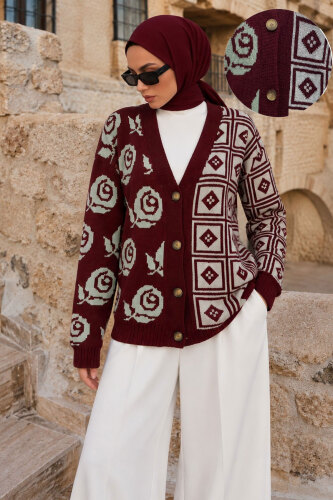 Gül Desenli Triko Hırka TSD260384 Bordo - Tesettür Dünyası (1)