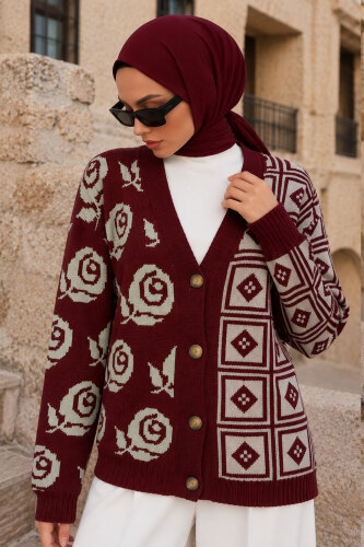 Gül Desenli Triko Hırka TSD260384 Bordo - 3