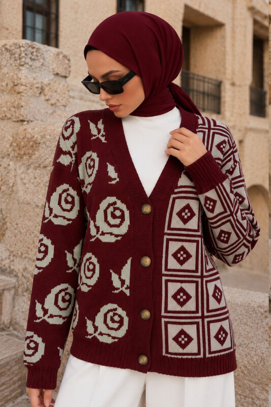 Gül Desenli Triko Hırka TSD260384 Bordo - 3