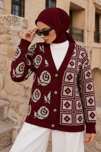 Gül Desenli Triko Hırka TSD260384 Bordo - 4