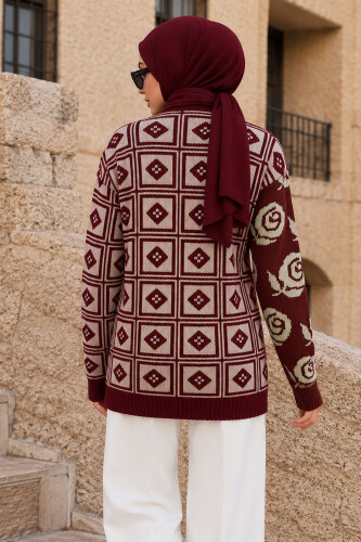 Gül Desenli Triko Hırka TSD260384 Bordo - 5