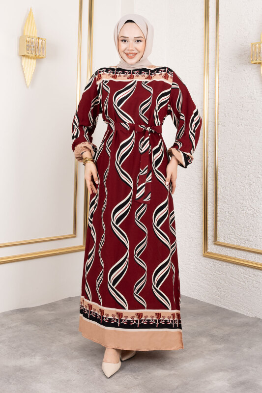 Gül Desenli Viskon Elbise TSD250178 Bordo - 2