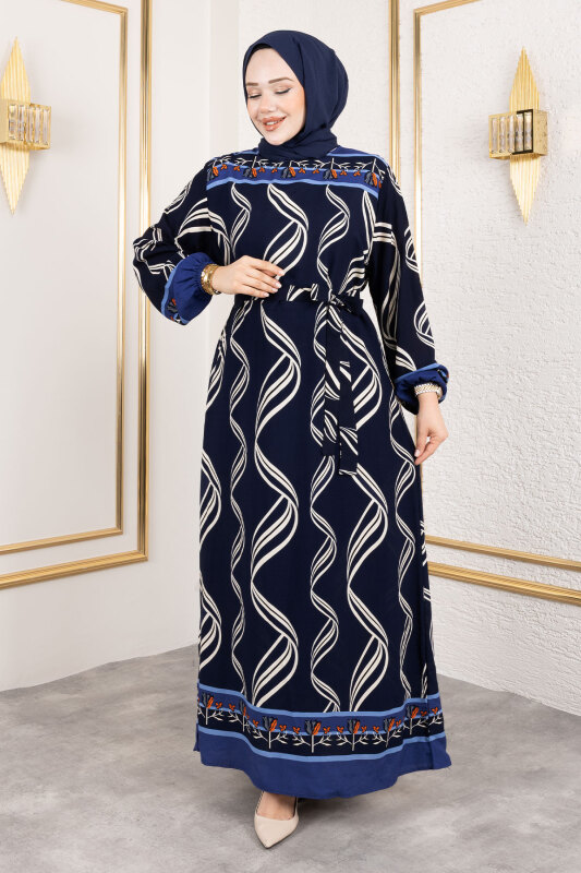 Gül Desenli Viskon Elbise TSD250178 Lacivert - 2