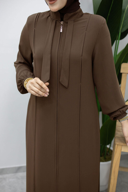 Hakim Yaka Bağlama Detaylı Ferace TSD260225 Kahverengi - 4