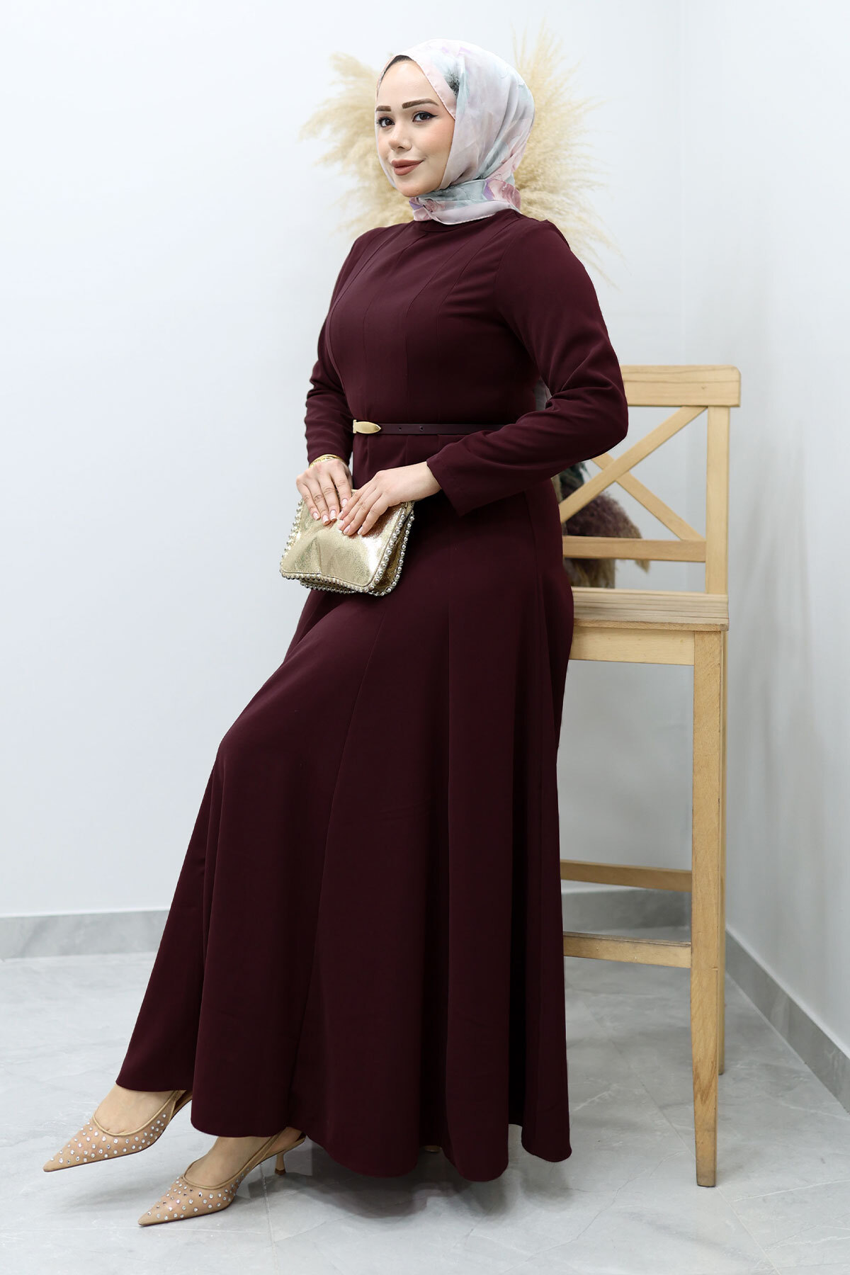 Hakim Yaka Pensli Kemerli Elbise TSD260151 Bordo