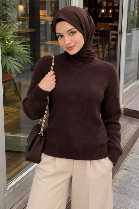 Hakim Yaka Yumuşak Dokulu Triko Kazak TSD260349 Kahverengi - 3