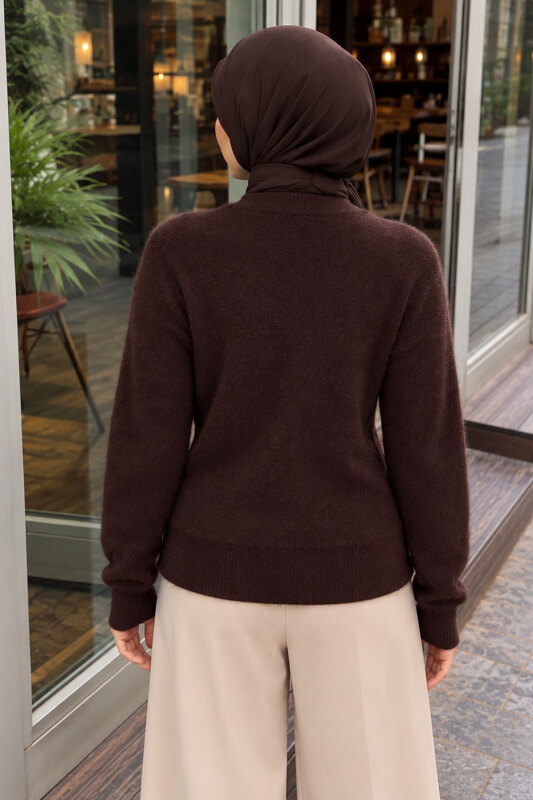 Hakim Yaka Yumuşak Dokulu Triko Kazak TSD260349 Kahverengi - 5