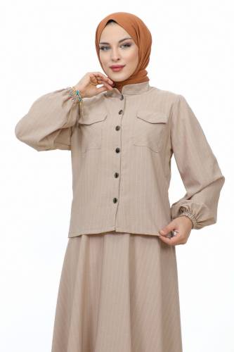 Hira Çizgili Etekli Takım TSD231203 Vizon - Tesettür Dünyası (1)