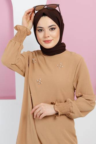 İnci Taşlı İkili Takım TSD220328 Camel - Tesettür Dünyası (1)