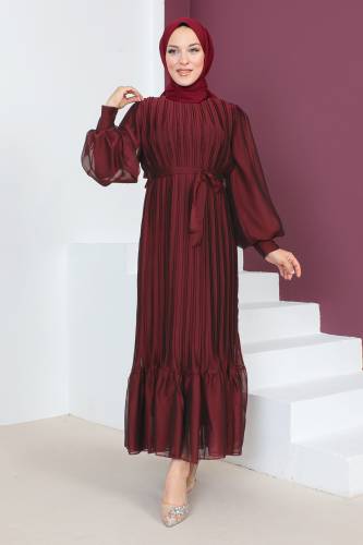 Piliseli Janjan Şifon Elbise TSD230631 Bordo 
