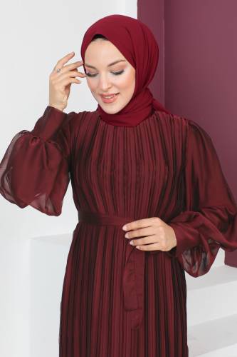 Piliseli Janjan Şifon Elbise TSD230631 Bordo - Tesettür Dünyası (1)
