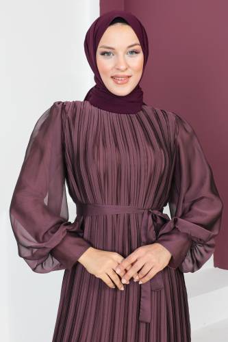 Piliseli Janjan Şifon Elbise TSD230631 Gül Kurusu - Tesettür Dünyası (1)