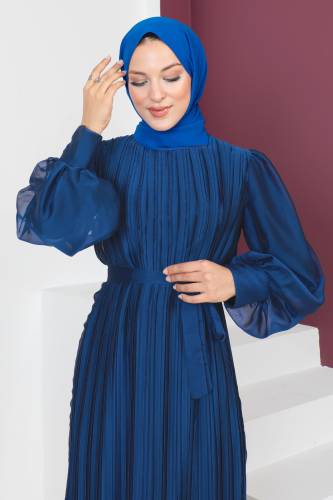 Piliseli Janjan Şifon Elbise TSD230631 Lacivert - Tesettür Dünyası (1)